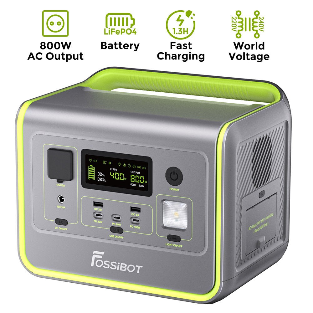 FOSSiBOT F800 Portable Power Station, 512Wh LiFePO4 Solar Generator, 3500 Times Cycle, 800W AC Output, 200W Max Solar Input, 8 Outlets, DC6530, 2xUSB-A, 3xType-C, AC Output, LCD Display, Fully Recharged in 1.2 Hours, LED Light - Green