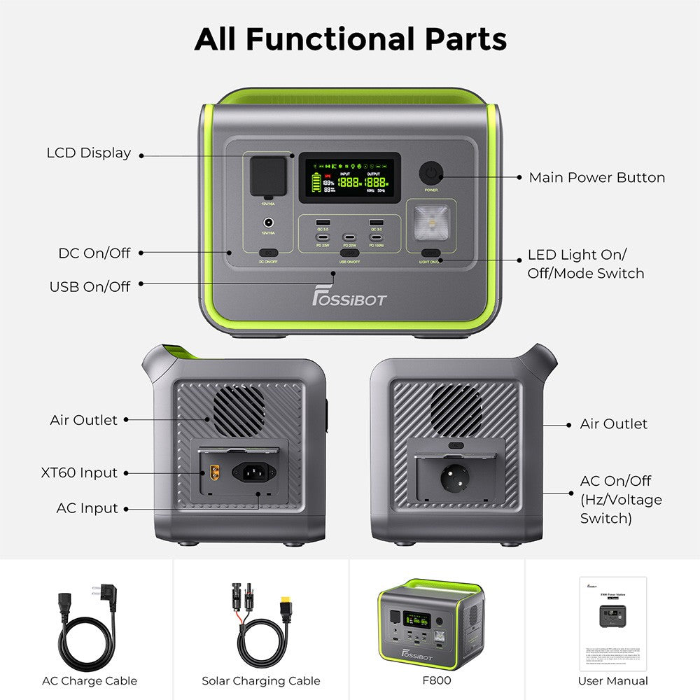 FOSSiBOT F800 Portable Power Station, 512Wh LiFePO4 Solar Generator, 3500 Times Cycle, 800W AC Output, 200W Max Solar Input, 8 Outlets, DC6530, 2xUSB-A, 3xType-C, AC Output, LCD Display, Fully Recharged in 1.2 Hours, LED Light - Green