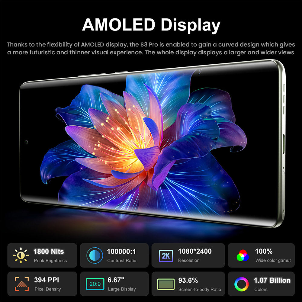 FOSSiBOT S3 Pro 4G Smartphone, 6.67" AMOLED Curved Display, 1.09" Rear Screen, 6GB RAM 128GB ROM, 64MP AI Camera, 5000mAh Battery, Helio G85, NFC, Dual SIM, Android 14, Face Unlock, Black