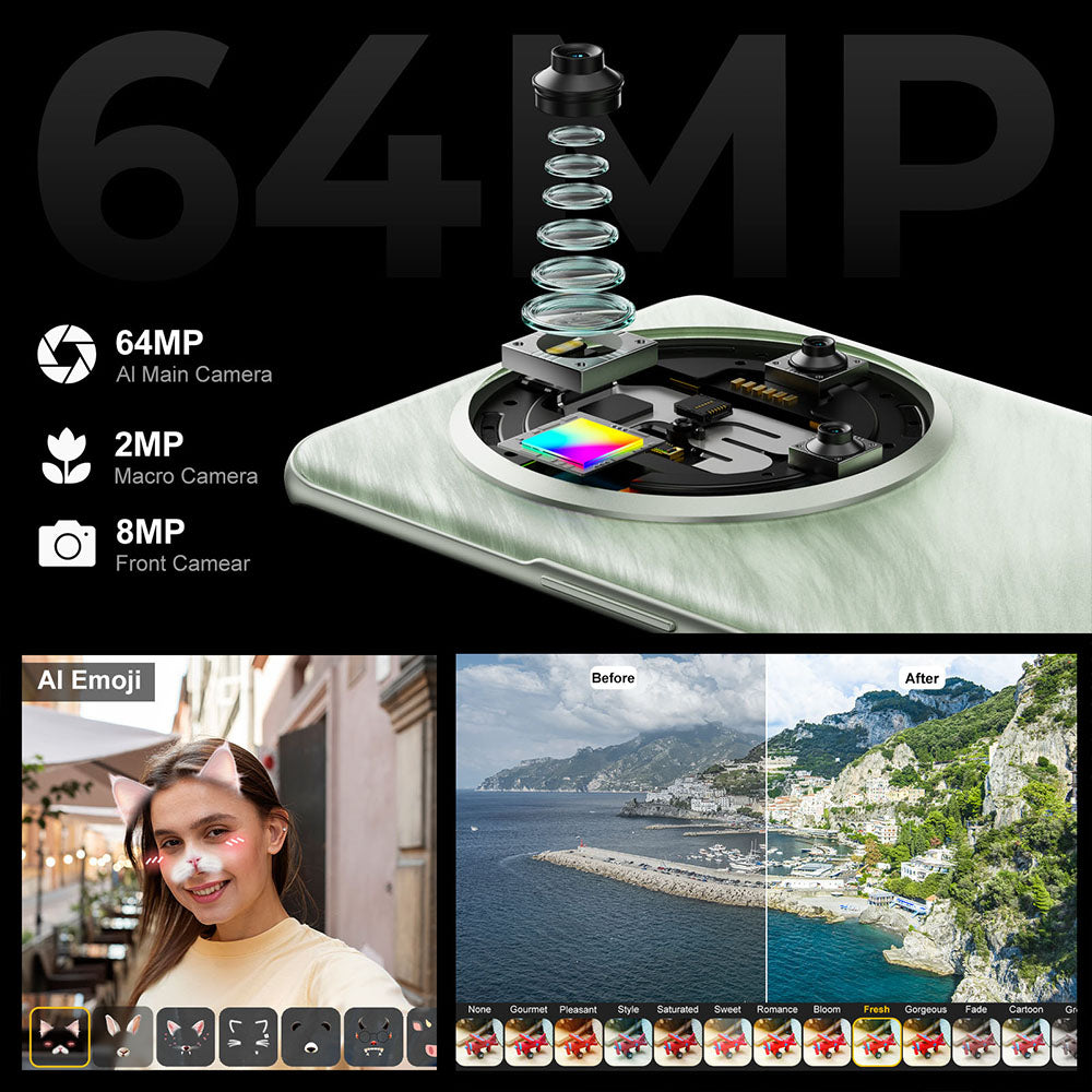 FOSSiBOT S3 Pro 4G Smartphone, 6.67" AMOLED Curved Display, 1.09" Rear Screen, 6GB RAM 128GB ROM, 64MP AI Camera, 5000mAh Battery, Helio G85, NFC, Dual SIM, Android 14, Face Unlock, Black