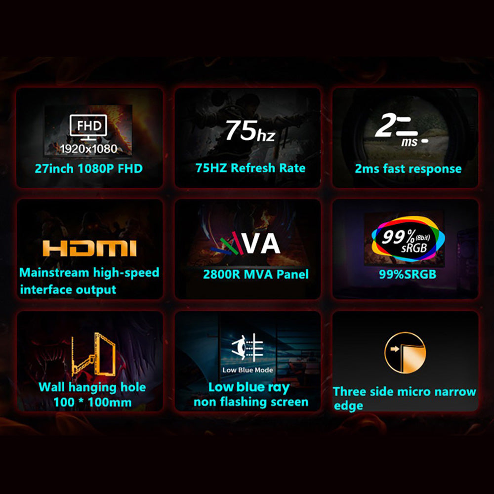 FYHXele FY24FMC-W Gaming Monitor, 24inch 1080P FHD 16:9 VA Screen, 75Hz Refresh Rate, 2800R MVA Panel, 2ms Response Time, 99% sRGB, Adjustable Tilt, White