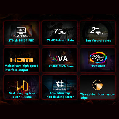 FYHXele FY27FMC-B 27-inch 2800R Curved Gaming Monitor, 1920*1080 FHD 16:9 VA Screen, 75Hz Refresh Rate, 2ms Response Time, 99% sRGB, 1*HDMI 1*VGA 1*Audio, Adjustable Tilt