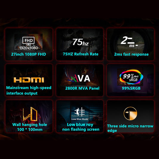 FYHXele FY27FMC-B 27-inch 2800R Curved Gaming Monitor, 1920*1080 FHD 16:9 VA Screen, 75Hz Refresh Rate, 2ms Response Time, 99% sRGB, 1*HDMI 1*VGA 1*Audio, Adjustable Tilt