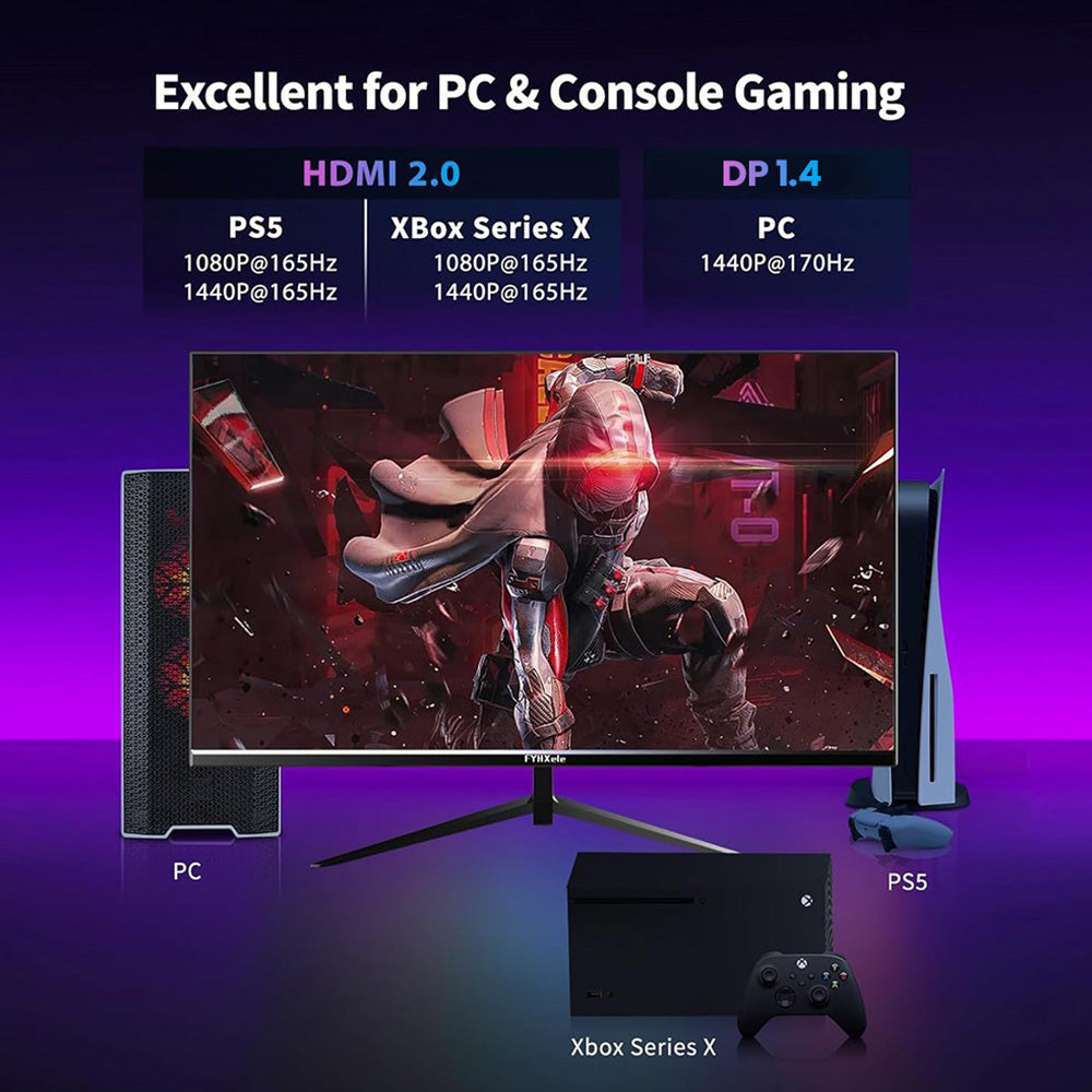 FYHXele FY27QHM2 27-inch Monitor, 2560*1440 QHD 16:9 IPS Screen, 170Hz Refresh Rate, 1ms GTG Response Time, 100% sRGB, 1000:1 Contrast, FreeSync, 1*DP 1.4, 2*HDMI 2.0, 1*USB 2.0, 1*Audio, Tilt Adjustment &amp; VESA Mount
