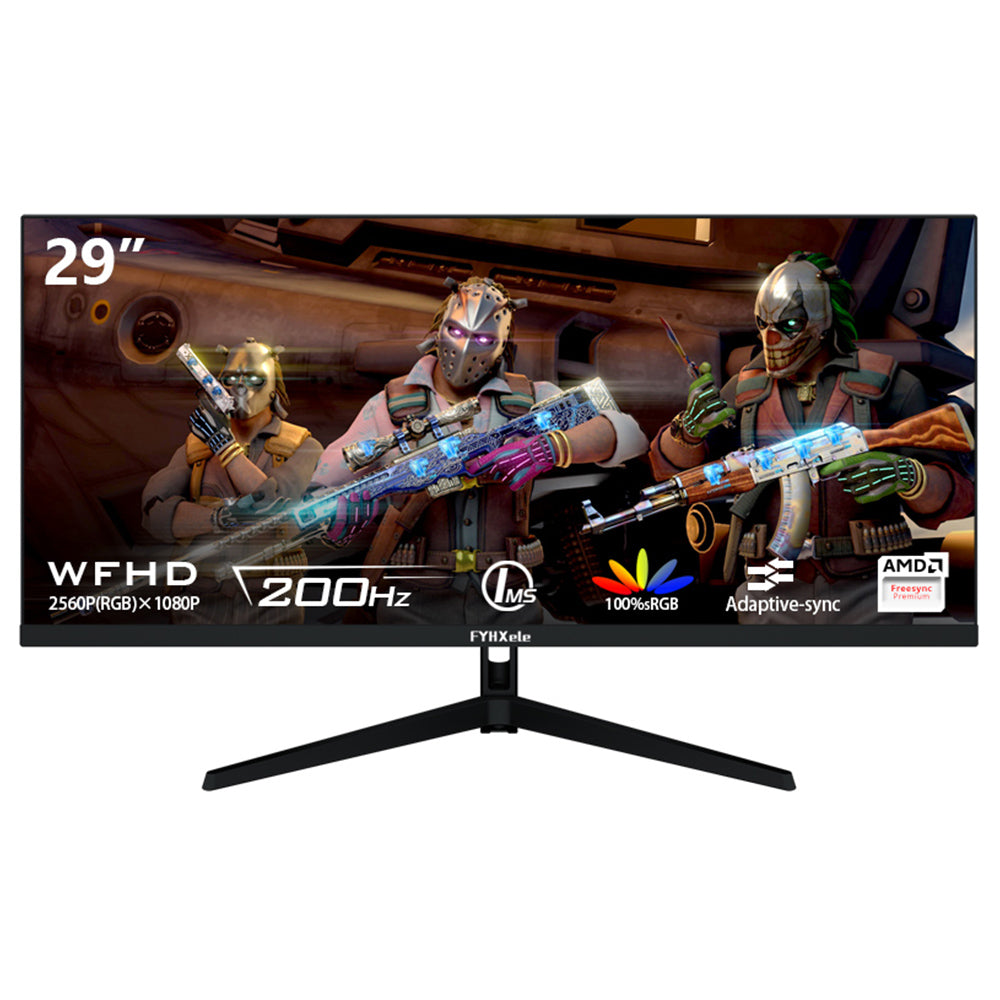 FYHXele FY29Q2H 29'' Monitor, 2560*1080 WFHD 21:9 IPS Screen, 200Hz Refresh Rate, 1ms Response Time, 100% sRGB, 1000:1 Contrast, FreeSync &amp; G-Sync Compatible, HDR, Game Plus, 2*DP1.4, 2*HDMI 2.1, 1*Audio, Dual Speakers, Tilt Adjustment &amp; VESA Mount