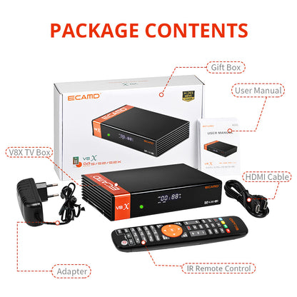 GTMEDIA ECAMD V8X LA DVB-S/S2/S2X Set Top Box, Support MU3 IKS, Built-in 2.4G WiFi, H.265 Digital TV Signal Receiver, SCART OUT CA Card Slot, 1*LNB IN 1*HDMI 1*AV OUT 1*USB 1*RJ45 1*RS232 - EU