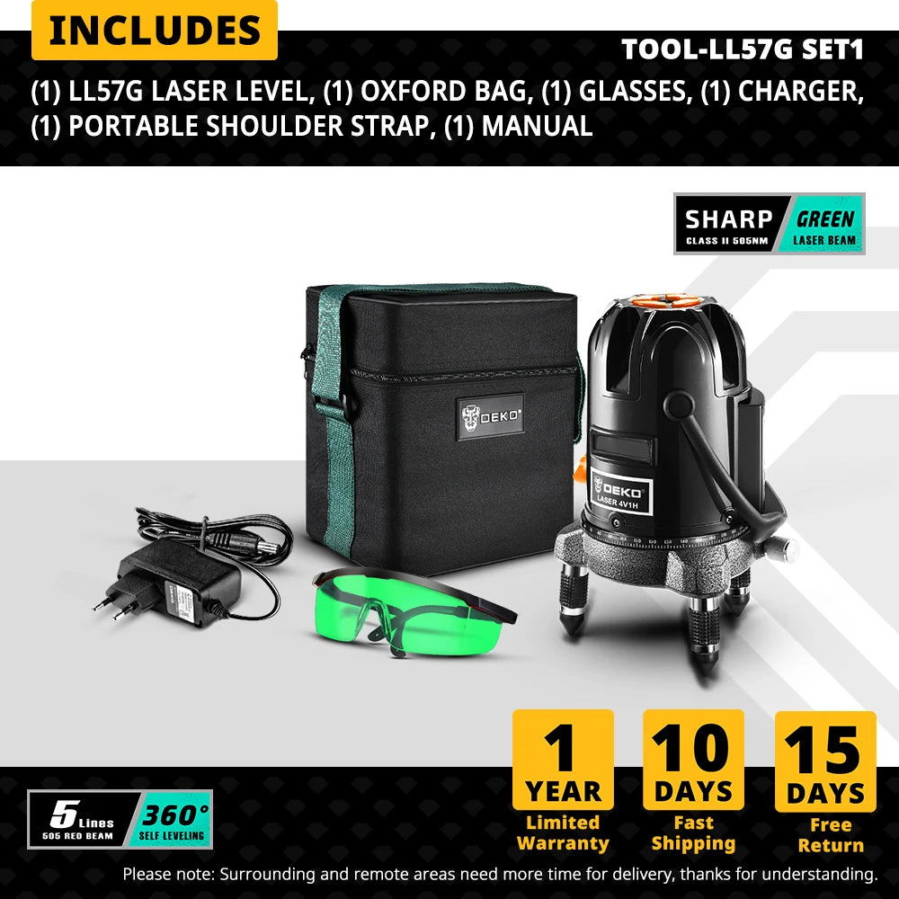 DEKO LL57/58 bodov Červený/Zelený laserová vodováha Samonivelačná horizontálna a vertikálna 360 stupňová úprava Vyššia viditeľnosť