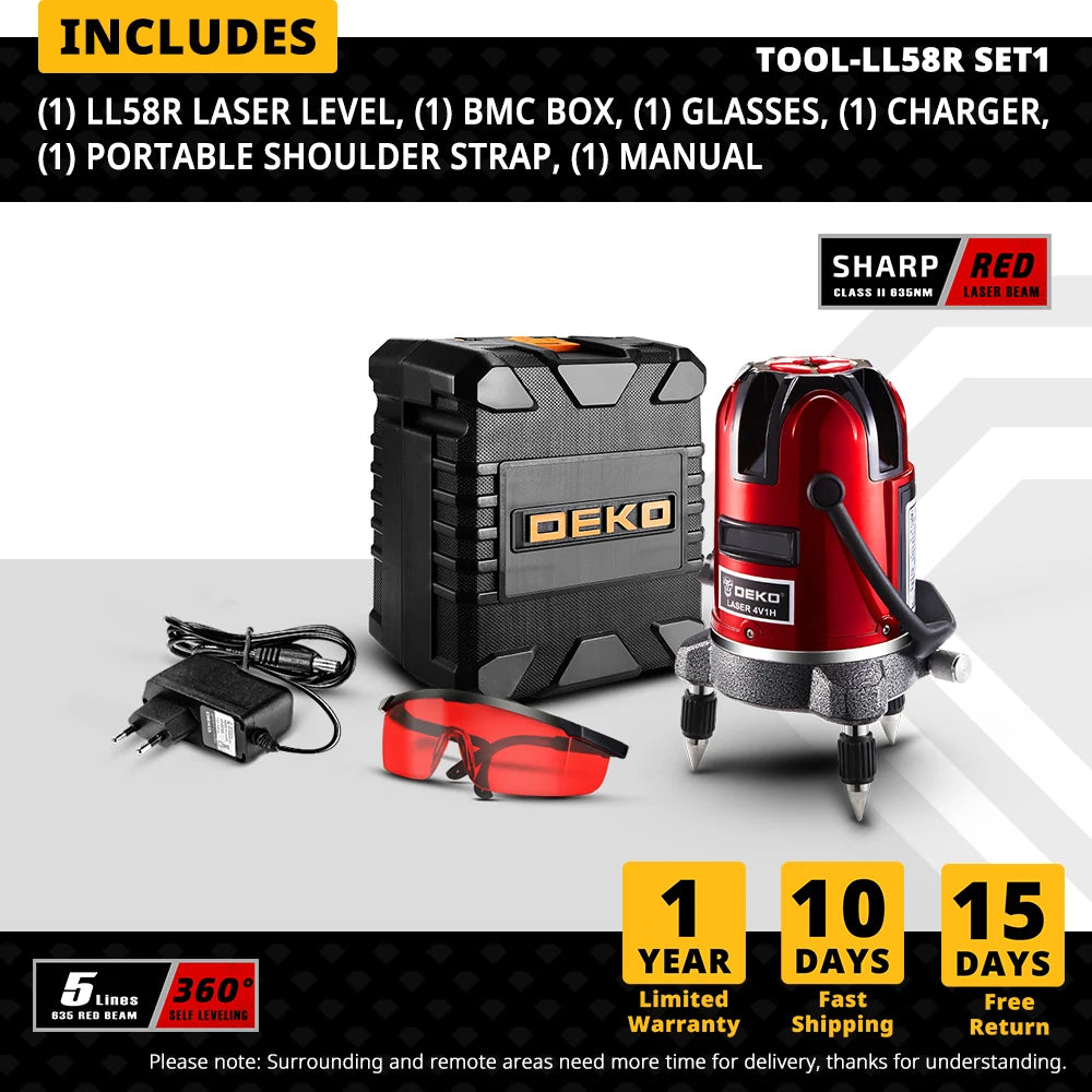 DEKO LL57/58 bodov Červený/Zelený laserová vodováha Samonivelačná horizontálna a vertikálna 360 stupňová úprava Vyššia viditeľnosť