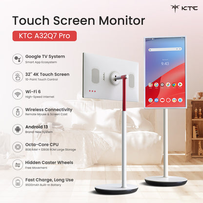 KTC A32Q7 Pro Mobile Monitor, 32'' 4K Touchscreen, WiFi6, Android 13, RK3588S 8 Core, Google EDLA Certification, 9500mAh Battery, 8GB RAM 128GB ROM, Adjustable Angles, 1*HDMI 2.0, 1*USB 3.0, 1*USB 2.0