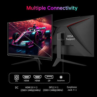 KTC H27S25E Gaming Monitor, 27 inch 2560*1440 QHD CSOT HVA Screen, 1000R Curvature, 240Hz Refresh Rate, 1ms MPRT Response Time, Adaptive Sync, 2500:1 Contrast Ratio, VESA Mount, Low Blue Light &amp; Flicker-Free, 2*HDMI 2.0, 1*DP1.2, 1*Earphone