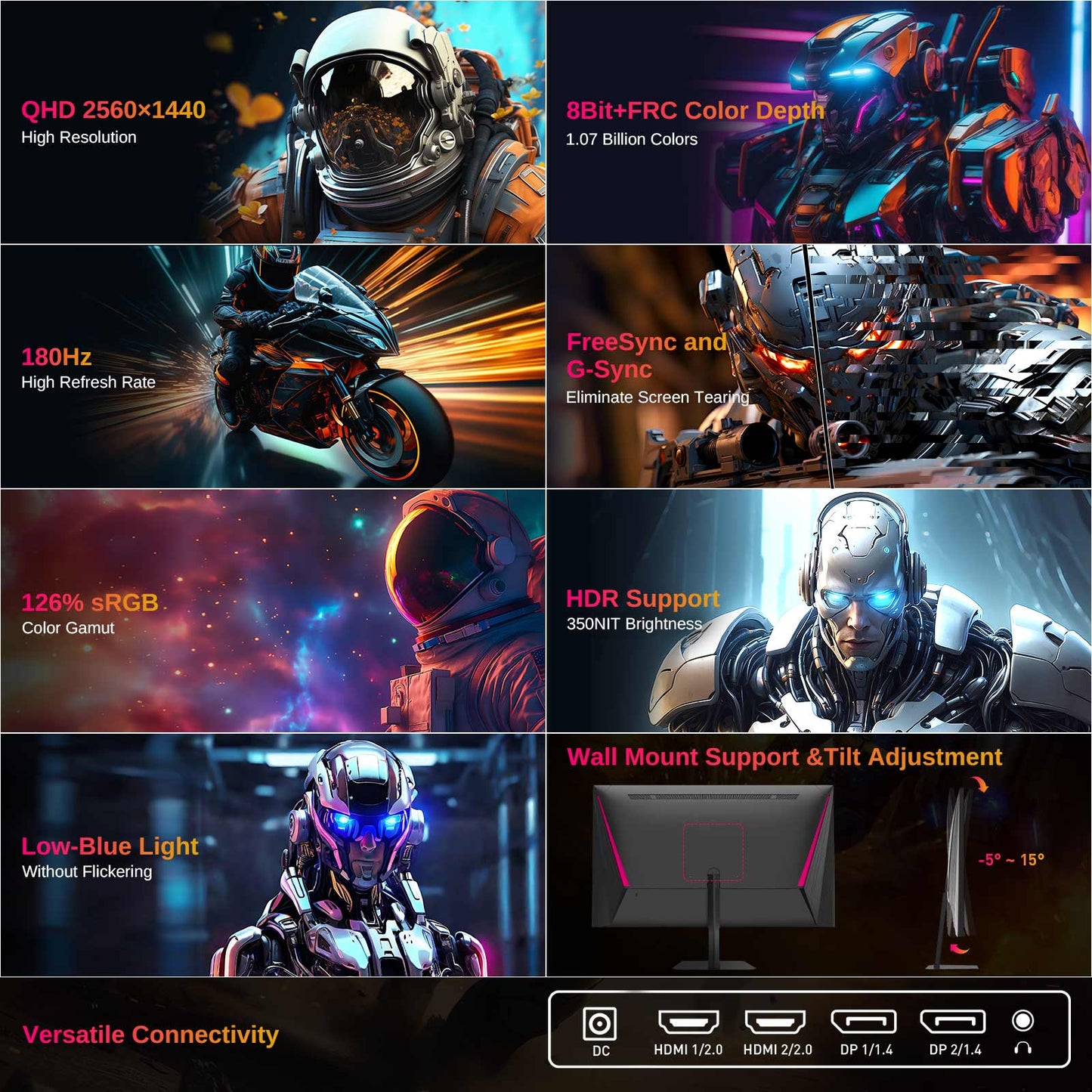 KTC Q24T09 Gaming Monitor, 24-inch 2560*1440 16:9 Fast IPS Screen, 180Hz Refresh Rate, FreeSync &amp; G-Sync, 126% sRGB, HDR Support, Low Blue Light, Wall Mount Support &amp;Tilt Adjustment, 2 x HDMI2.0, 2 x DP1.4, 1 x Earphone Jack