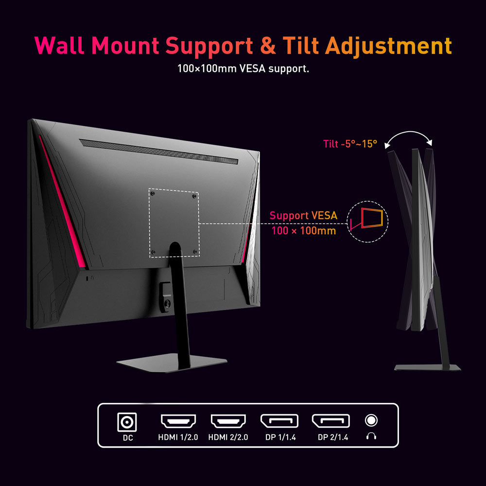 KTC Q24T09 Gaming Monitor, 24-inch 2560*1440 16:9 Fast IPS Screen, 180Hz Refresh Rate, FreeSync &amp; G-Sync, 126% sRGB, HDR Support, Low Blue Light, Wall Mount Support &amp;Tilt Adjustment, 2 x HDMI2.0, 2 x DP1.4, 1 x Earphone Jack