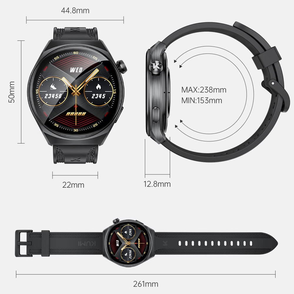 KUMI GW6 Smartwatch, 1.43-inch AMOLED HD Screen, Al Voice Function, Sleep Heart Rate Monitoring, Bluetooth Calling - Black