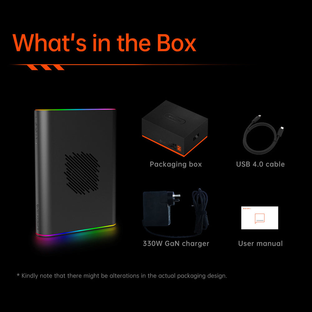 One Netbook ONEXGPU 2 eGPU Dock with AMD Radeon RX 7800M GPU, 12GB GDDR6 RAM, 192bit, 1*Oculink, 1*USB-C 4.0, 2*USB 3.2, 1*PCIe 3.0 SSD, 1*RJ45, 1*HDMI 2.1, 2*DP 2.0, 65W Reverse Charging, RGB Light Effects - EU Plug