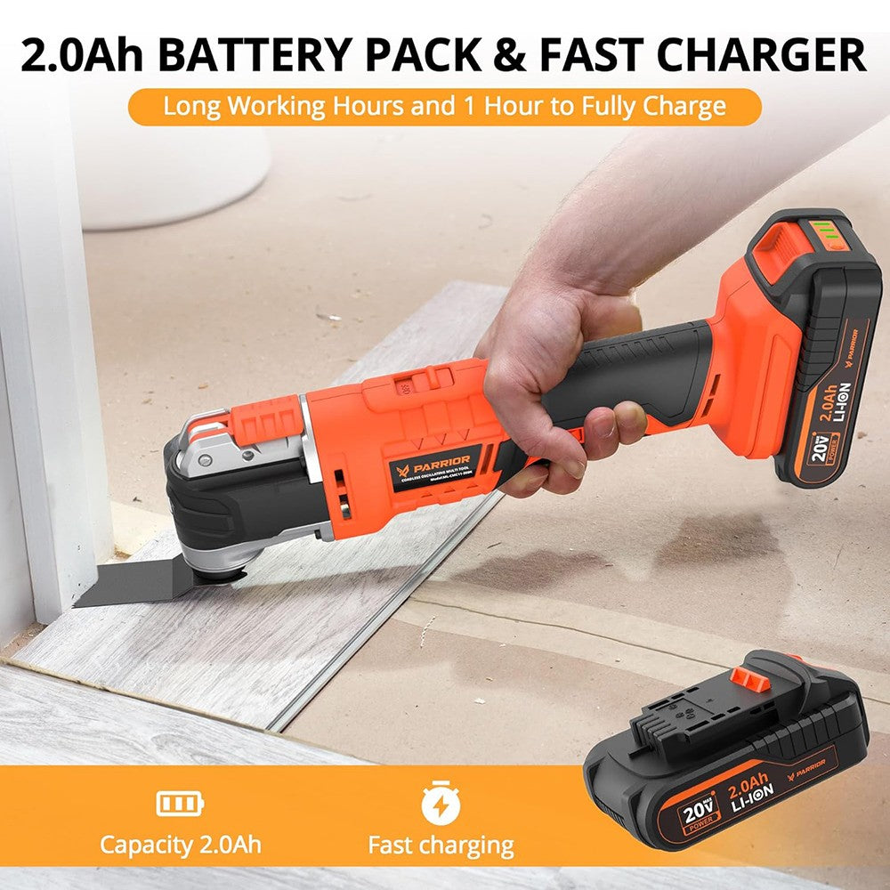 Parrior CMC11 20V Oscillating Saw, LED Light, 6 Variable Speeds, 8000-20000RPM, 3.2° Oscillating Angle, 2Ah Battery, for Cutting, Grinding, Scraping, Sanding