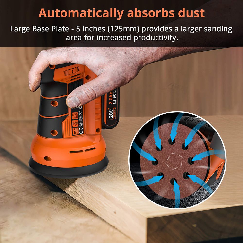 Parrior DS04 20V Cordless Electric Sander, with 2Ah Battery &amp; 5-Inch(125mm) Disc, 11,000RPM Motor