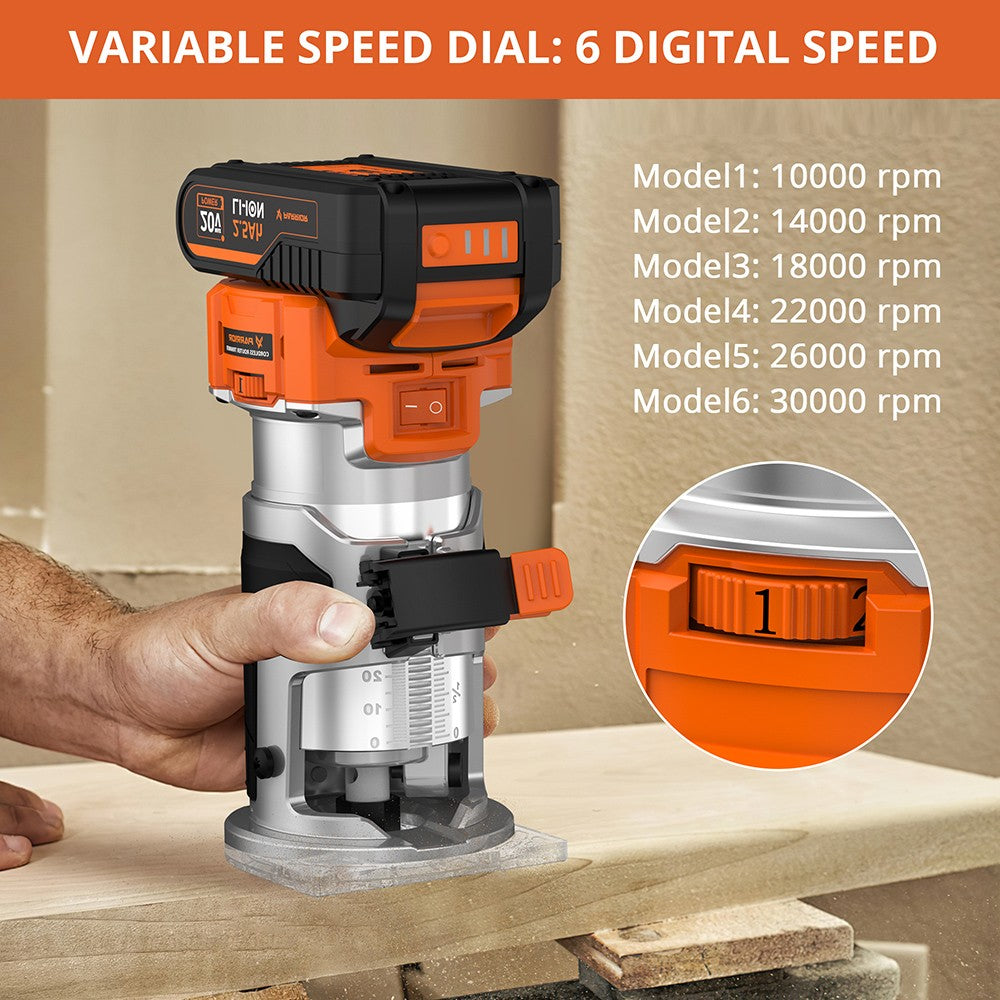 Parrior PR01 20V Cordless Trimmer Router, with 2.5Ah Battery, 6 Digital Speed from 10000-30000RPM, LED Light