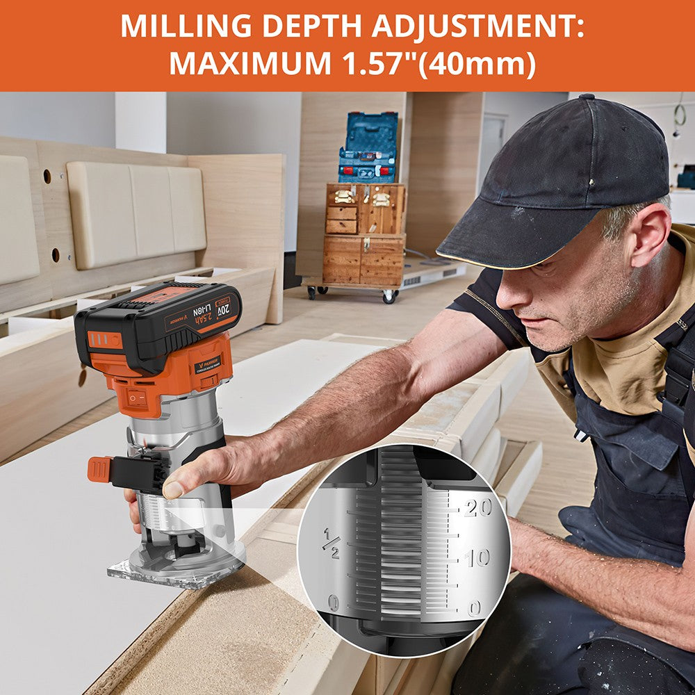 Parrior PR01 20V Cordless Trimmer Router, with 2.5Ah Battery, 6 Digital Speed from 10000-30000RPM, LED Light