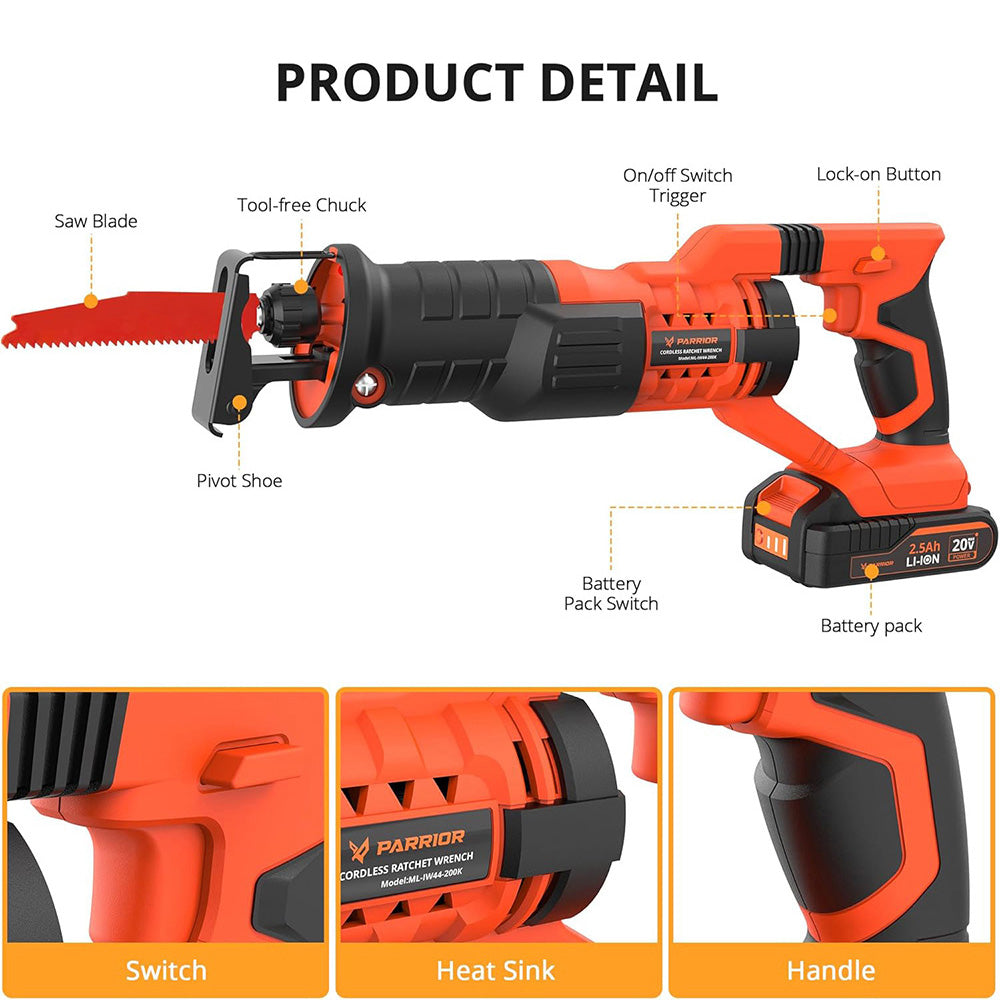 Parrior RS18 20V Cordless Reciprocating Saw, 0-2800rpm Variable Speed, LED Light, Low Noise, Smooth Running, Tool-Free Blade Change