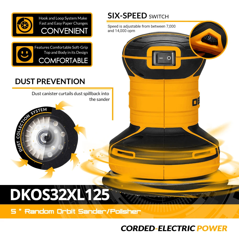 DEKO DKOS32XL125 320W Rýchlosť 14000pm Excentrická brúska Home DIY Carpenter Strong Dust Collection Leštička