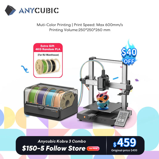 ANYCUBIC Kobra 3 kombinovaná viacfarebná 3D tlačiareň FDM s maximálnou rýchlosťou tlače 600 mm/s Veľkosť zostavy 250 x 250 x 260 mm Tlač v 4 až 8 farbách