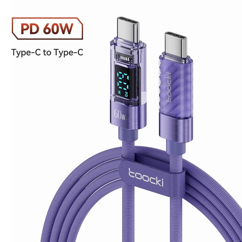 Toocki kábel typu C na typ C 100W PD displej rýchlonabíjacia nabíjačka USB C na USB C priehľadný kábel pre Xiaomi Macbook