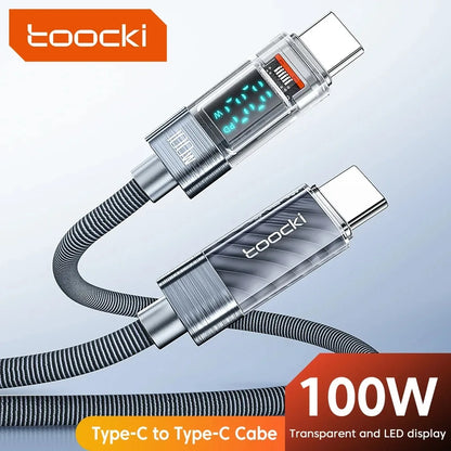 Toocki kábel typu C na typ C 100W PD displej rýchlonabíjacia nabíjačka USB C na USB C priehľadný kábel pre Xiaomi Macbook