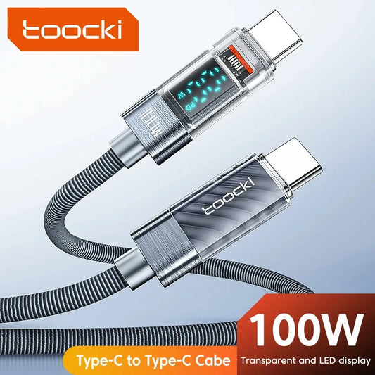 Toocki kábel typu C na typ C 100W PD displej rýchlonabíjacia nabíjačka USB C na USB C priehľadný kábel pre Xiaomi Macbook