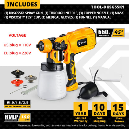 EU/US zástrčka DEKO DKSG55K1 Striekacia pištoľ, 220V/110V 550W vysokovýkonný domáci elektrický rozprašovač farieb, 3 trysky Jednoduché striekanie pre domácich majstrov