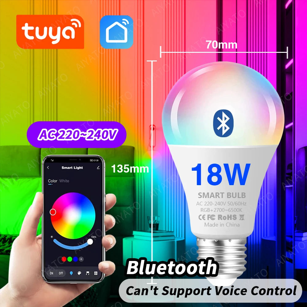 Tuya WIFI Bluetooth LED žiarovka Smart Life Ovládanie APP Stmievateľné 9W 18W E27 220V RGB+CW+WW Lampy na zmenu farby Kompatibilné IOS/Android
