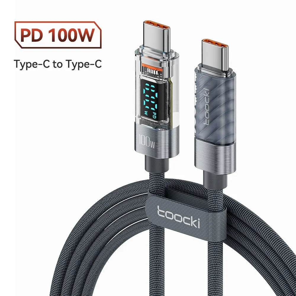Toocki kábel typu C na typ C 100W PD displej rýchlonabíjacia nabíjačka USB C na USB C priehľadný kábel pre Xiaomi Macbook