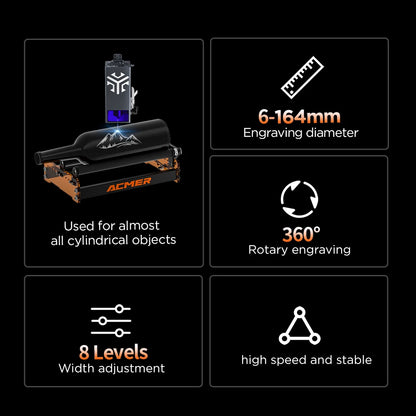 Laserový rotačný valec ACMER M3 Laserový gravírovač Rotačný valec v osi Y Pre 95 % laserového gravírovania LightBurn LaserGRBL