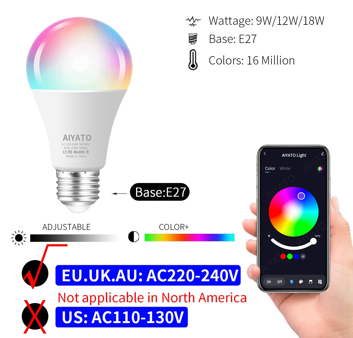 Tuya WIFI Bluetooth LED žiarovka Smart Life Ovládanie APP Stmievateľné 9W 18W E27 220V RGB+CW+WW Lampy na zmenu farby Kompatibilné IOS/Android