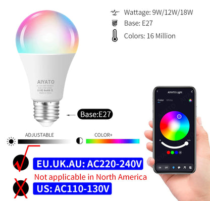 Tuya WIFI Bluetooth LED žiarovka Smart Life Ovládanie APP Stmievateľné 9W 18W E27 220V RGB+CW+WW Lampy na zmenu farby Kompatibilné IOS/Android