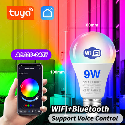 Tuya WIFI Bluetooth LED žiarovka Smart Life Ovládanie APP Stmievateľné 9W 18W E27 220V RGB+CW+WW Lampy na zmenu farby Kompatibilné IOS/Android