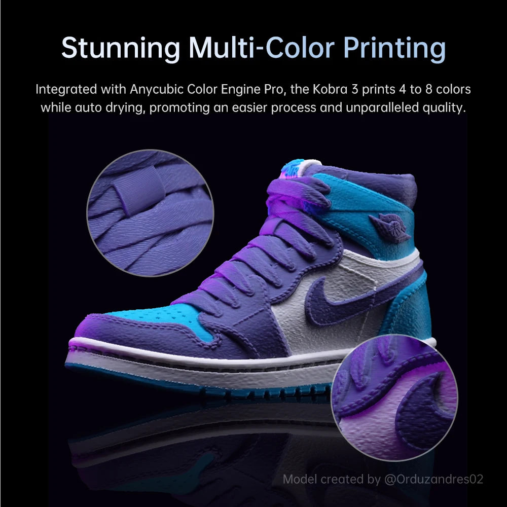 Viacfarebná 3D tlačiareň ANYCUBIC Kobra 3 FDM Tlač v 4 až 8 farbách s maximálnou rýchlosťou tlače 600 mm/s Veľkosť zostavy 250 mm x 250 mm x 260 mm