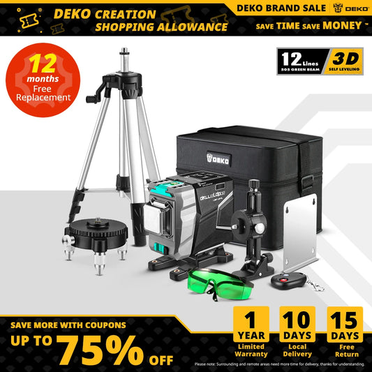 DEKO Nová séria DKLL12tdP02 s 12 čiarami 3D zelená laserová vodováha Horizontálne a vertikálne krížové čiary Vysoko presné, automatické samonivelovanie