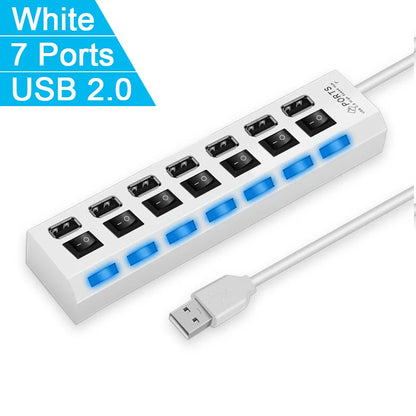 Vysokorýchlostný 4/7 portový USB HUB 2.0 Adaptér Expander Viacnásobný USB rozbočovač Viacnásobný rozširovač s LED prepínačom lampy pre PC Laptop