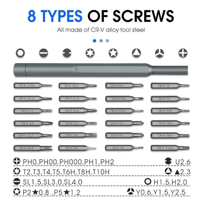 Súprava presných skrutkovačov 25 v 1, mini magnetický s 24 ks nástavcov na skrutkovače Torx Malá súprava ručného náradia na opravu pre iPhone/PC/Came