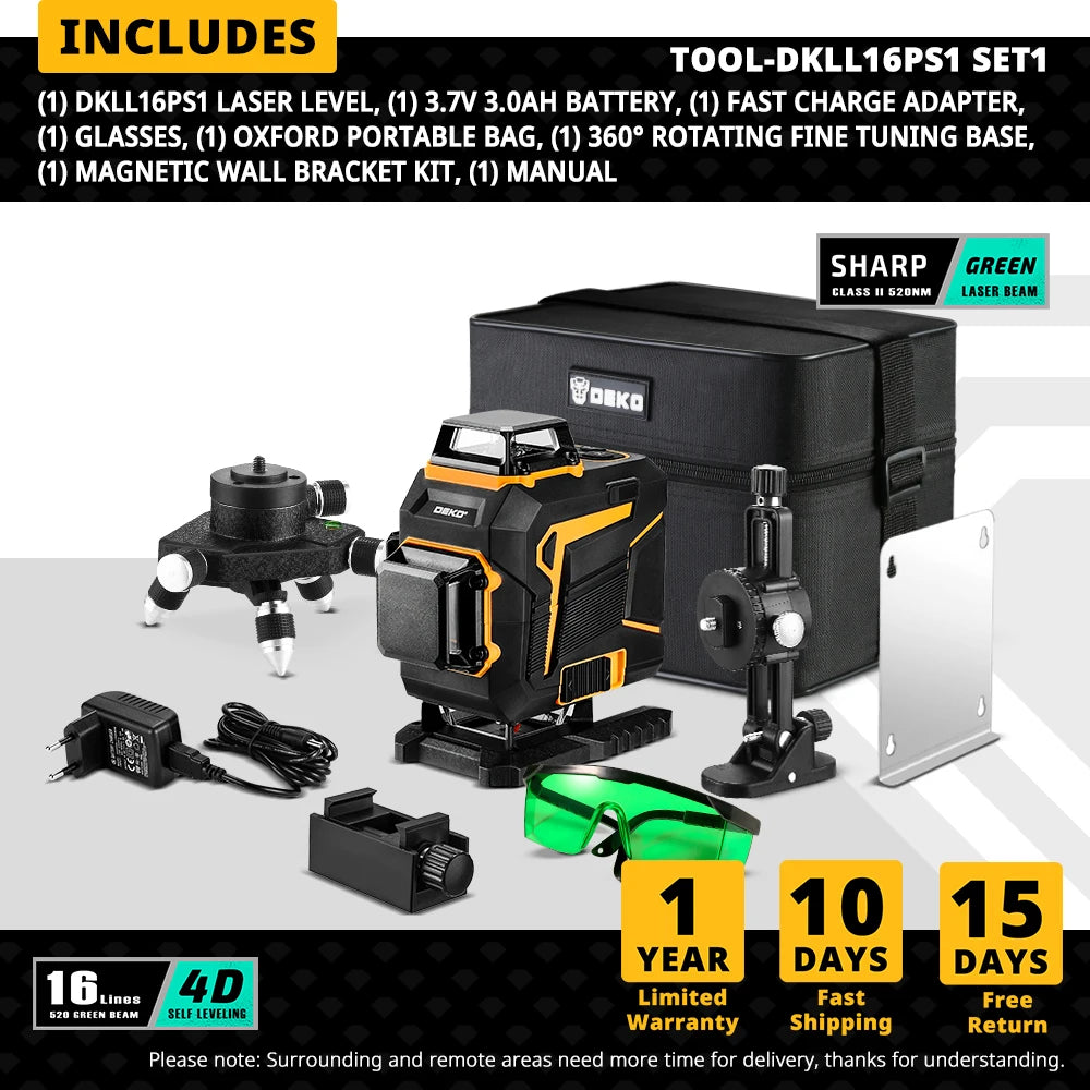 DEKO 16/12 Lines 4D Samonivelačná laserová vodováha 360 Horizontálna a Vertikálna priečna čiara Zelený laserový lúč so statívom Elektrické náradie
