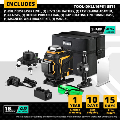 DEKO 16/12 Lines 4D Samonivelačná laserová vodováha 360 Horizontálna a Vertikálna priečna čiara Zelený laserový lúč so statívom Elektrické náradie
