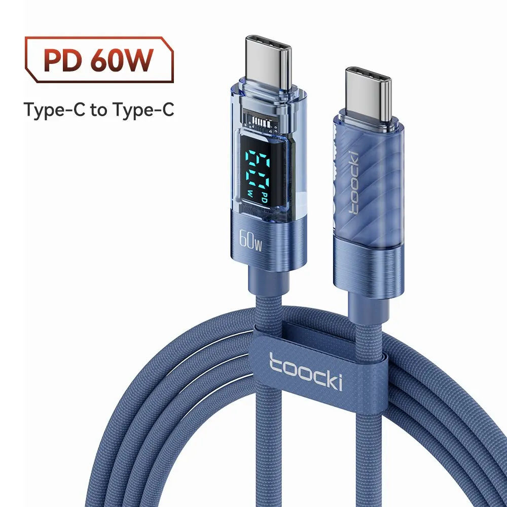 Toocki kábel typu C na typ C 100W PD displej rýchlonabíjacia nabíjačka USB C na USB C priehľadný kábel pre Xiaomi Macbook