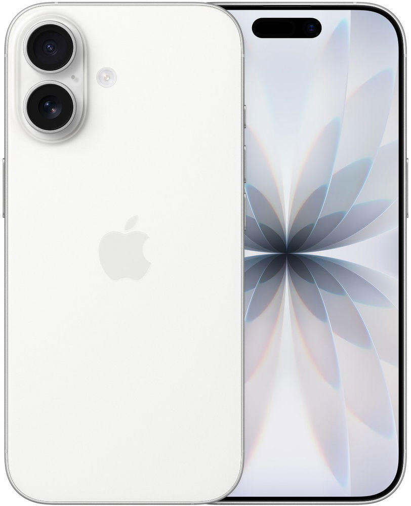 Two white Apple iPhone 17 smartphones, front and back view