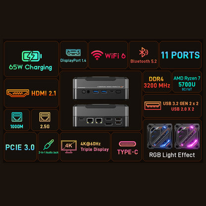 AOOSTAR GOD57 Mini PC, AMD Ryzen 7 5700U 8 Cores Up to 4.3GHz, 32GB RAM 1TB SSD, WiFi 6 Bluetooth 5.2, HDMI/DP/Type-C 4K@60Hz Triple Display, 2*USB 3.2 2*USB 2.0, 1*1000M RJ45 1*2.5G RJ45, 1*3.5mm Headphone Jack, RGB Light, 65W Charging - EU Plug