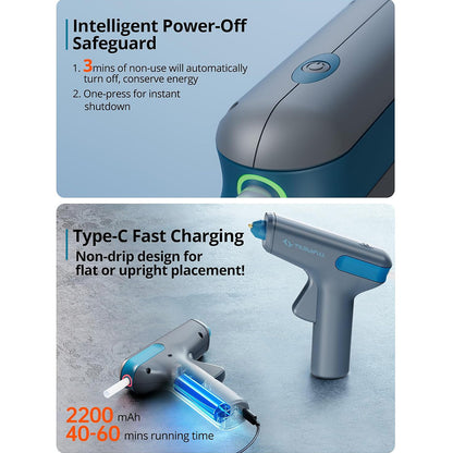 Tilswall W104 4V Cordless Hot Glue Gun, 15s Fast Preheating, 2200mAh USB-C Rechargeable, Smart Power-off