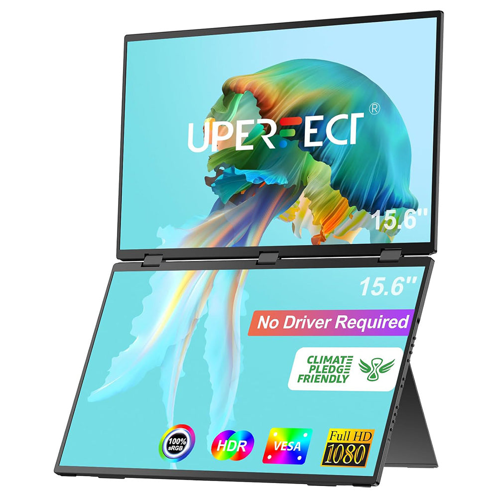 UPERFECT Delta 15.6-inch Dual Screen Portable Folding Monitor, 1920*1080 FHD IPS Screen, 60Hz Refresh Rate, 1000:1 Contrast Ratio, 360° Folding, Built-in Speaker, Built-in Stand &amp; VESA Mountable,  2*Full-Featured Type-C, 2* mini HDMI - EU Plug