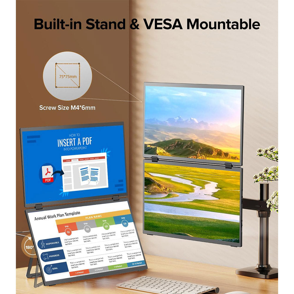 UPERFECT Delta 15.6-inch Dual Screen Portable Folding Monitor, 1920*1080 FHD IPS Screen, 60Hz Refresh Rate, 1000:1 Contrast Ratio, 360° Folding, Built-in Speaker, Built-in Stand &amp; VESA Mountable,  2*Full-Featured Type-C, 2* mini HDMI - EU Plug