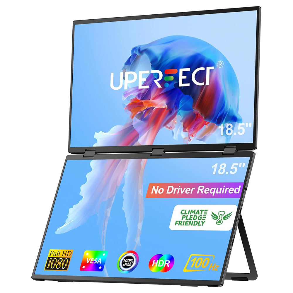 UPERFECT Delta Max 18.5-inch Dual Screen Portable Monitor, 1920*1080 IPS Screen, 100Hz Refresh Rate, 100% sRGB, Built-in Speaker, Driver Free, 360° Folding, Adjustable Stand &amp; VESA Mountable, Screen Extender for Laptop PC Phone Game Console - EU Plug