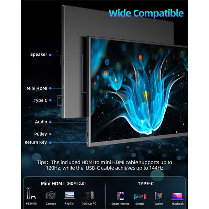 UPERFECT K118 18'' Portable Gaming Monitor, 144Hz Refresh Rate, 2560x1600 IPS Screen, 1000:1 Contrast Ratio, FreeSync, HDR, 100% DCI-P3, Built-in Speaker, 9ms Response Time, Low Blue Light, VESA Mountable, 1*Mini HDMI,1*Type-C, 1*Audio Jack - EU Plug