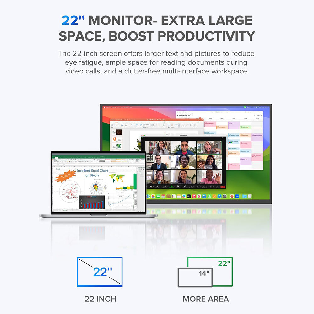UPERFECT UMax22 22-inch Portable Monitor, 60Hz Refresh Rate, 2560*1440 IPS Screen, 100% sRGB, FreeSync, Built-in Speakers, Driver Free, HDR, Low Blue Light, 180° Adjustable Stand, 2*USB-C, 1*Mini HDMI, 1*Micro USB-B OTG, 1*Audio Jack - EU Plug